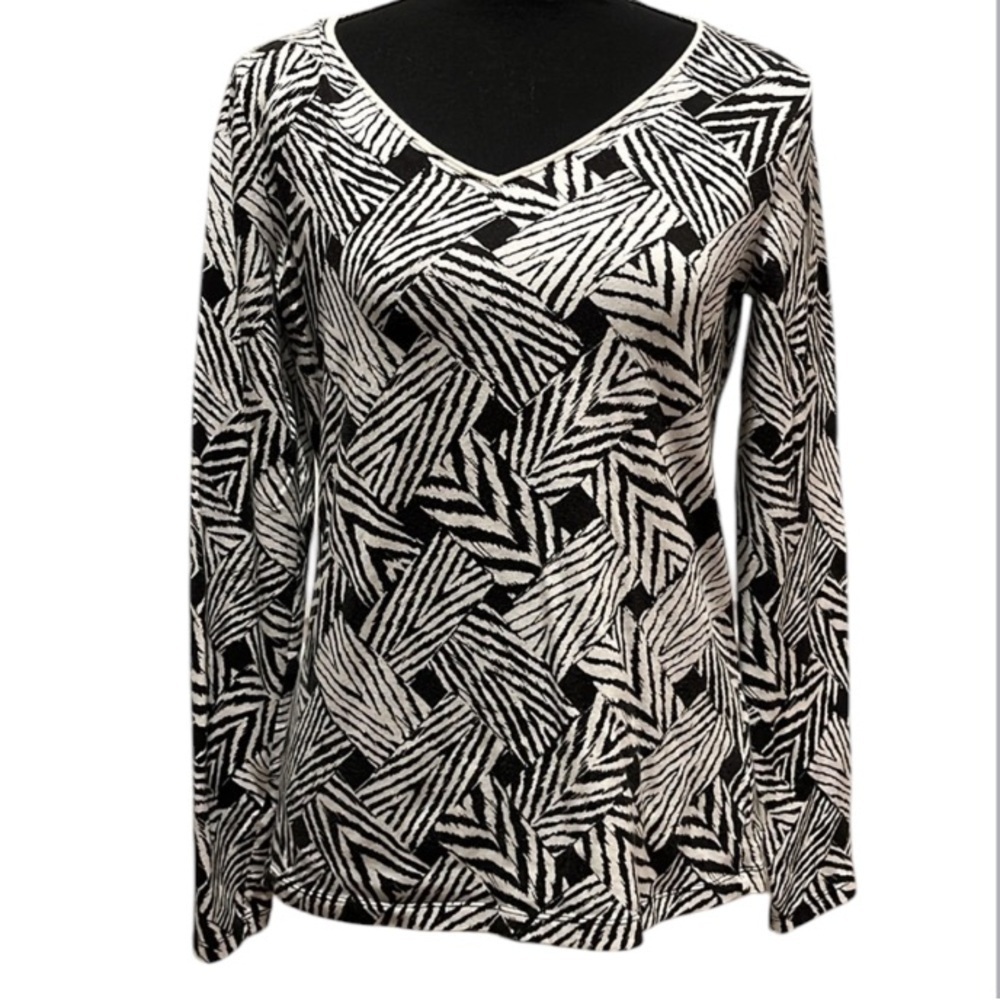 Jones New York Long Sleeve V-Neck Top Black/White Size S